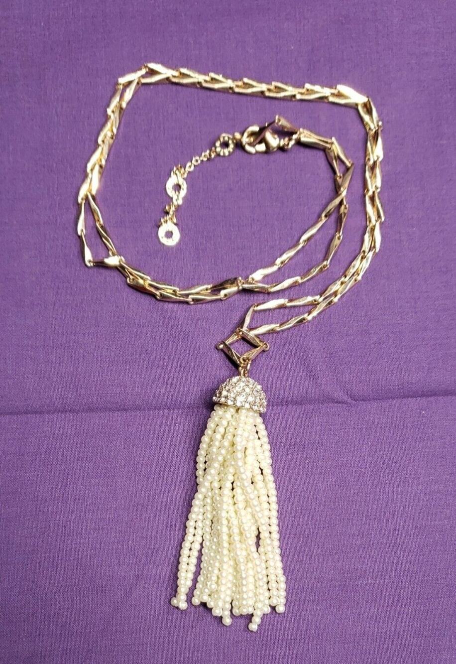 Baublebar Signed Long Gold Tone, Faux Pearl & Rhinestone Accent Tassel Necklace